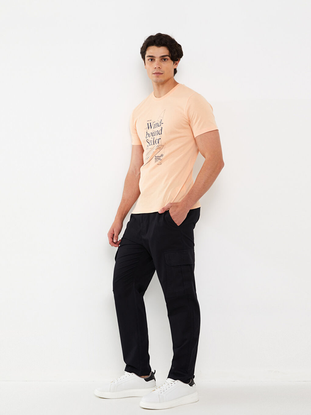 Siyah Standart Kalıp Keten Karışımlı Erkek Kargo Pantolon