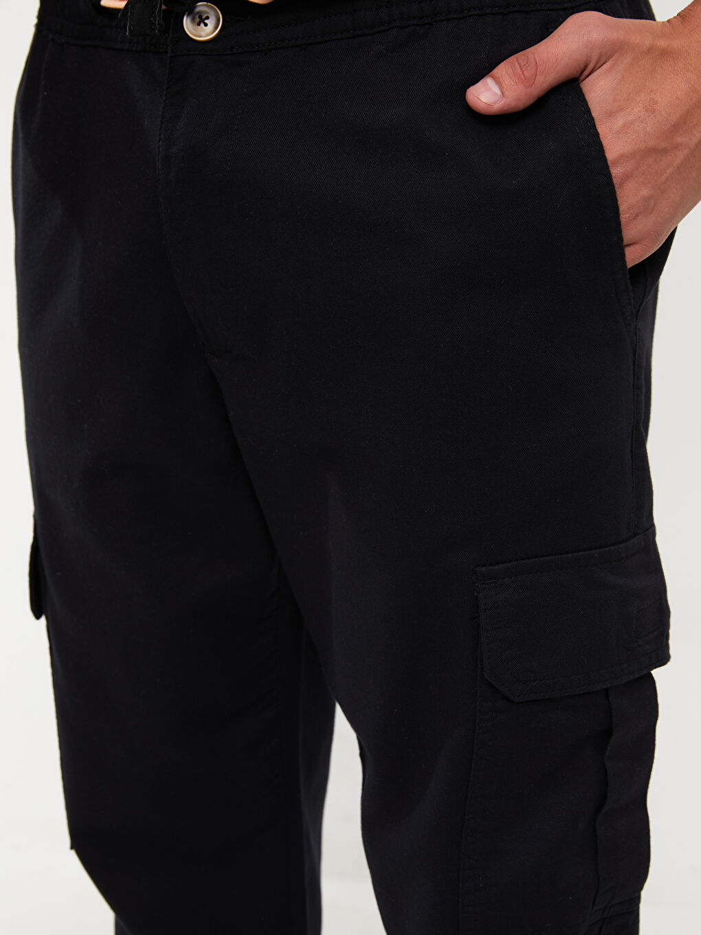 Siyah Standart Kalıp Keten Karışımlı Erkek Kargo Pantolon-3