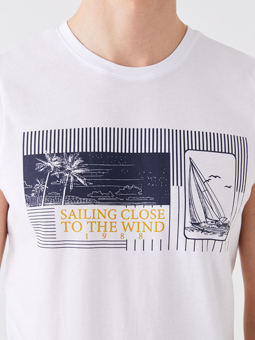 Beyaz Bisiklet Yaka Baskılı Erkek Kolsuz Tişört-3