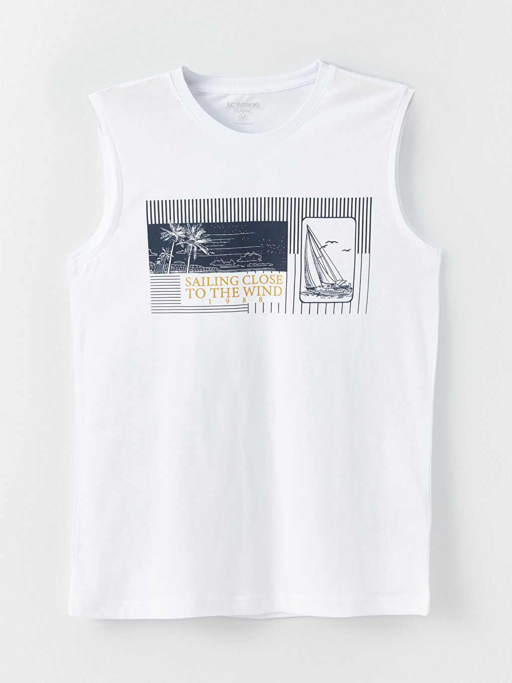 Beyaz Bisiklet Yaka Baskılı Erkek Kolsuz Tişört-5