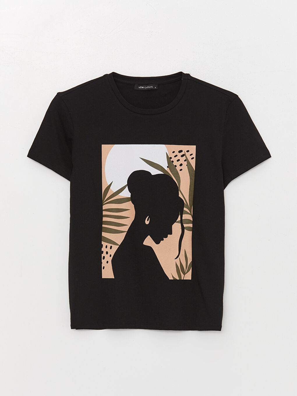 Siyah Bisiklet Yaka Baskılı Kısa Kollu Kadın Tişört-5