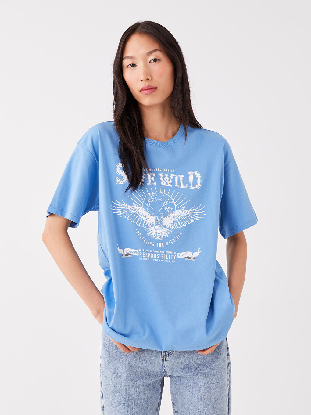 Mavi Bisiklet Yaka Baskılı Kısa Kollu Kadın Tişört