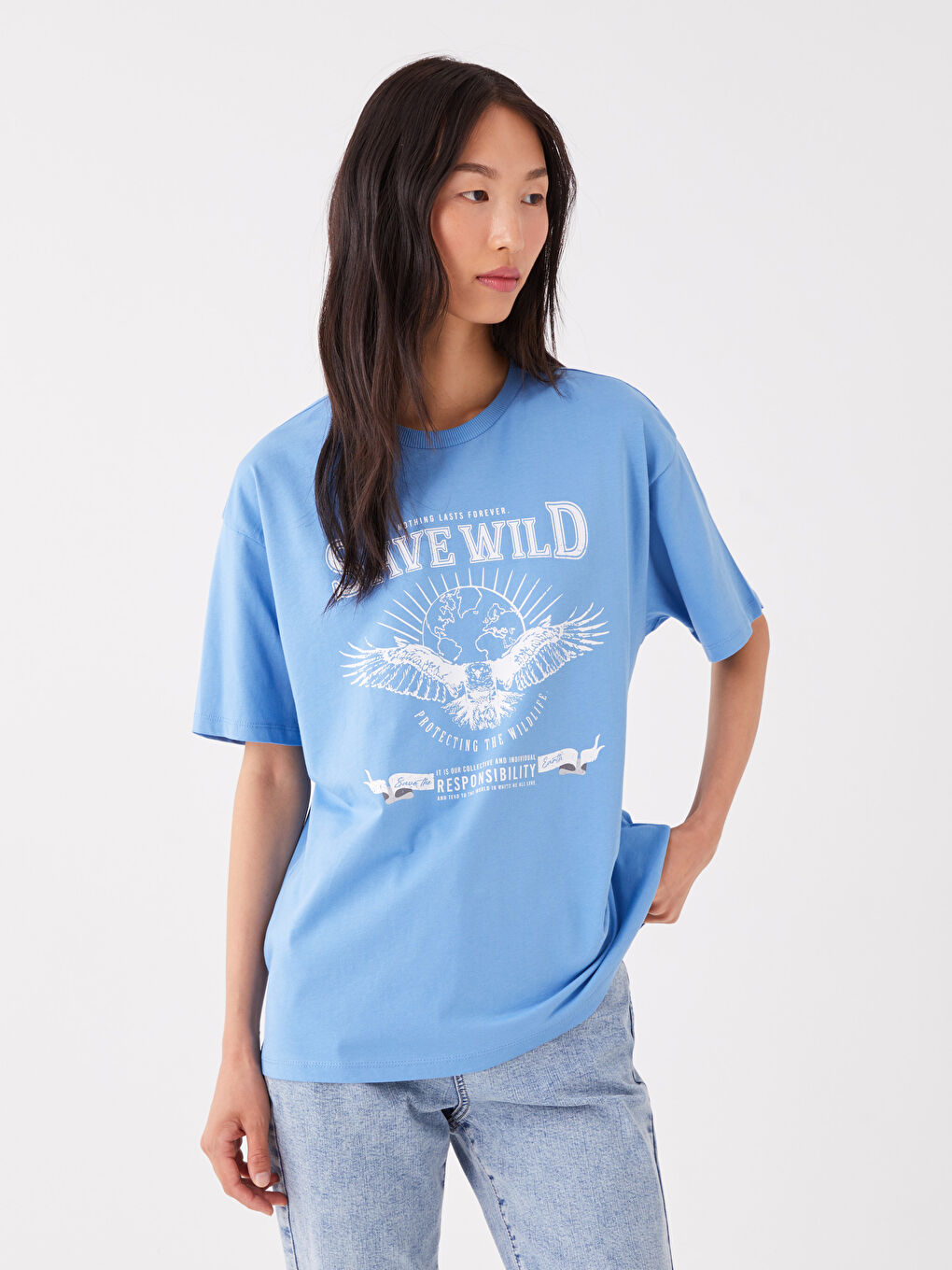 Mavi Bisiklet Yaka Baskılı Kısa Kollu Kadın Tişört-1