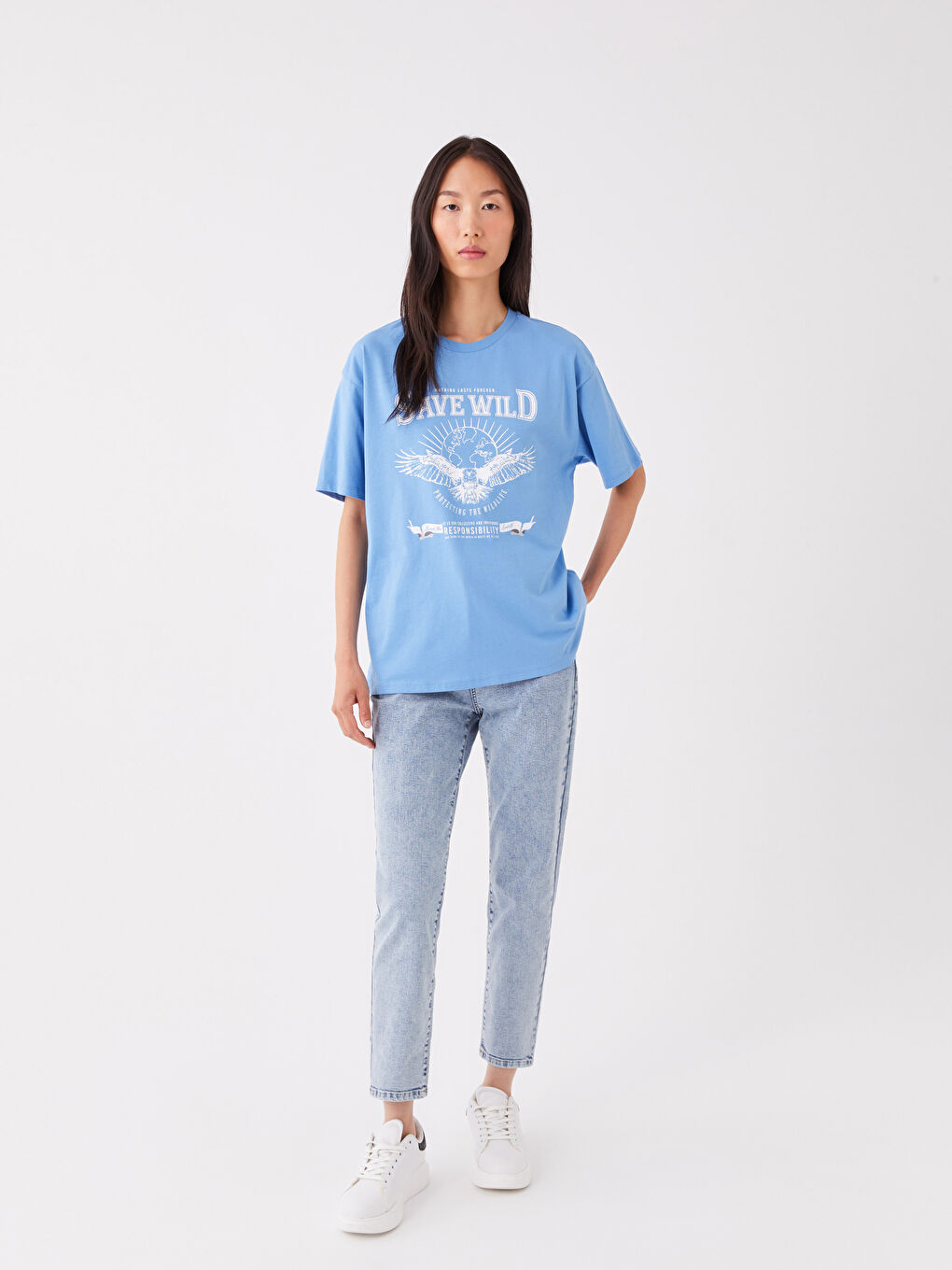 Mavi Bisiklet Yaka Baskılı Kısa Kollu Kadın Tişört-2