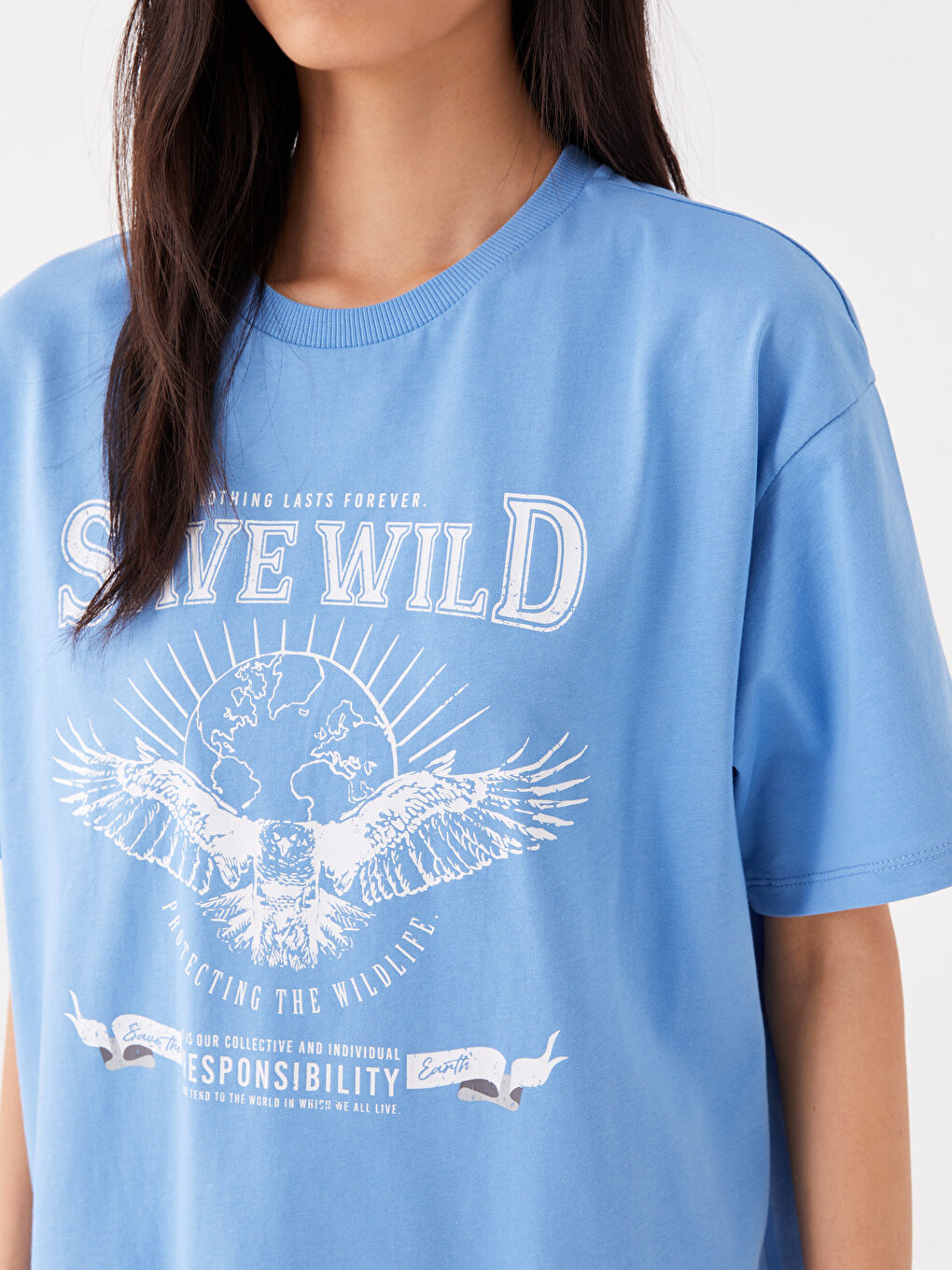 Mavi Bisiklet Yaka Baskılı Kısa Kollu Kadın Tişört-3