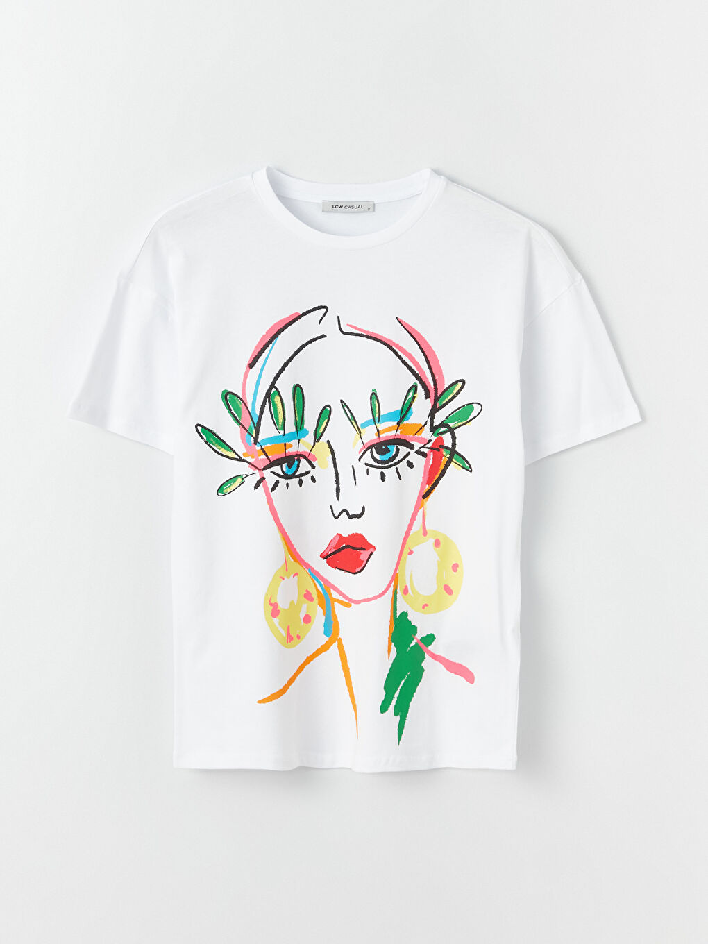 Beyaz Bisiklet Yaka Baskılı Kısa Kollu Kadın Tişört-5