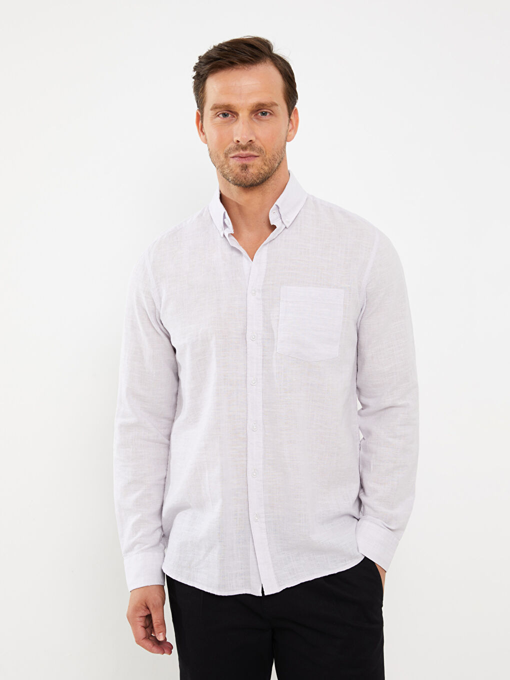 Lila Regular Fit Uzun Kollu Keten Karışımlı Erkek Gömlek-1