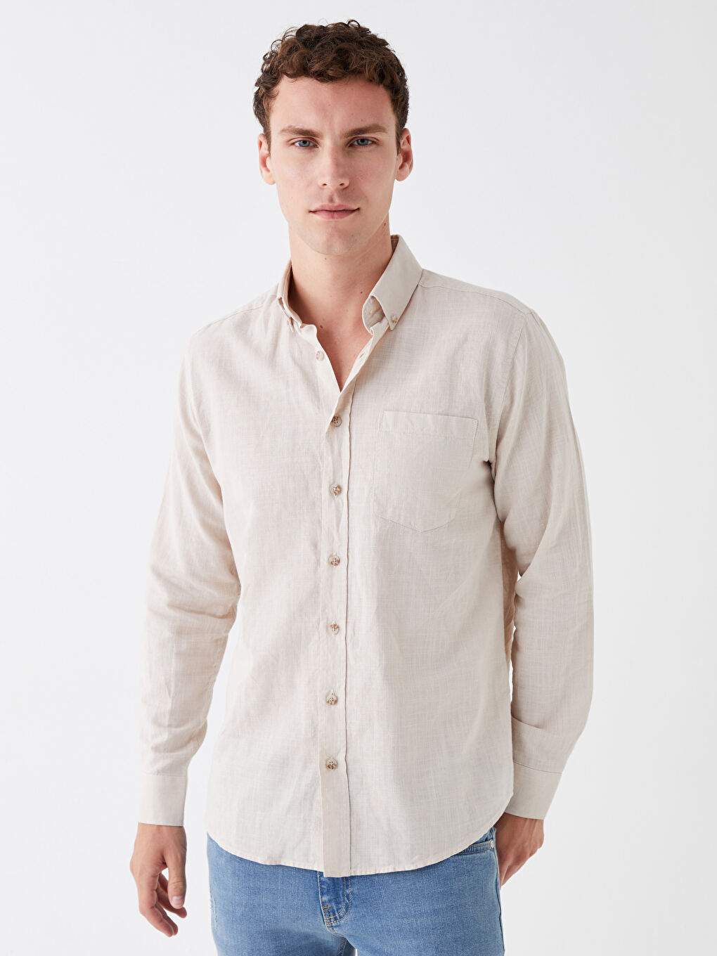 Cămașă Regular Fit cu Mânecă Lungă din Amestec de In pentru Bărbați-1