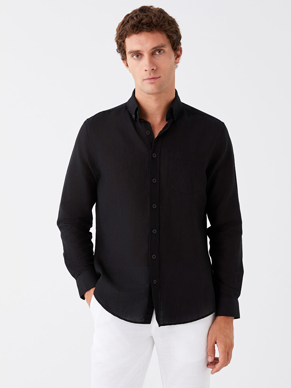 Cămașă Regular Fit cu Mânecă Lungă din Amestec de In pentru Bărbați-1