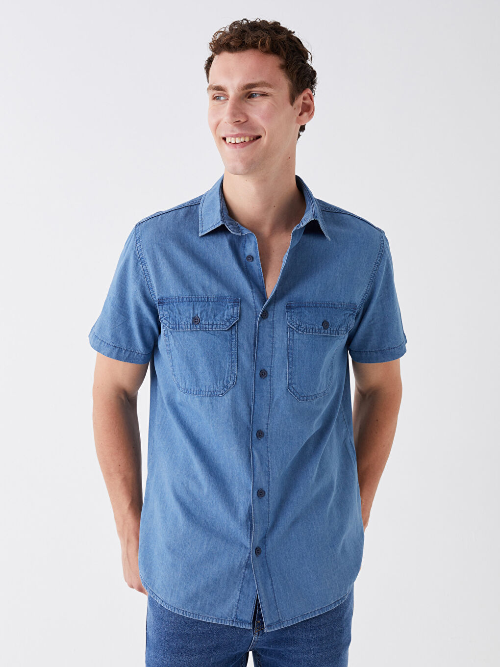 İndigo Regular Fit Kısa Kollu Erkek Jean Gömlek-1