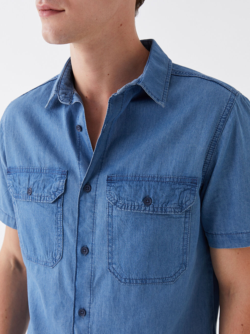 İndigo Regular Fit Kısa Kollu Erkek Jean Gömlek-3