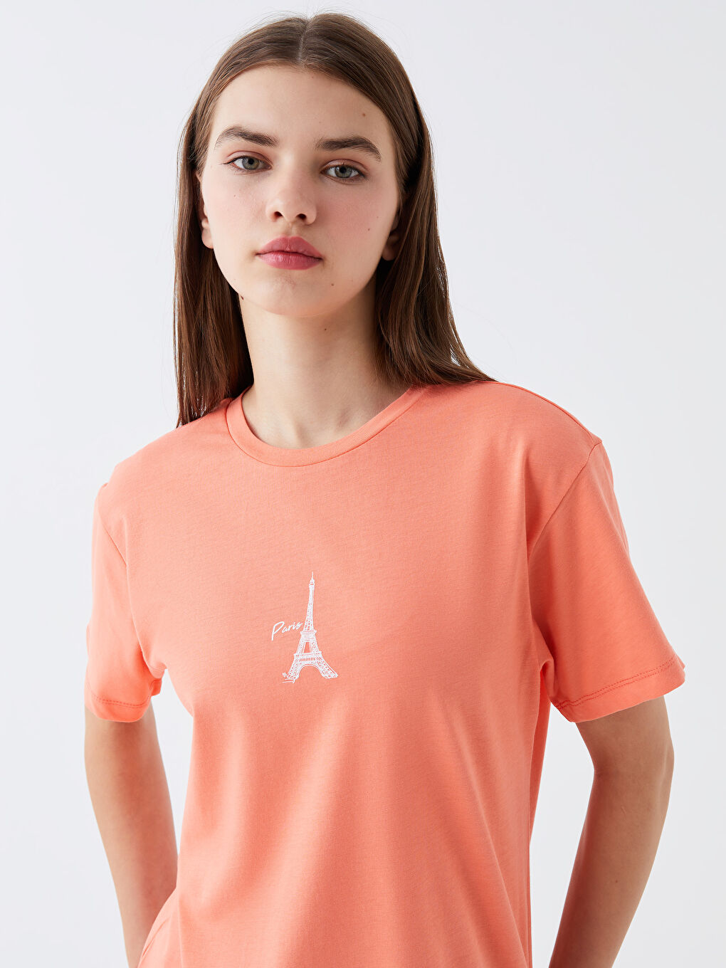 Mercan Bisiklet Yaka Baskılı Kısa Kollu Kadın Tişört