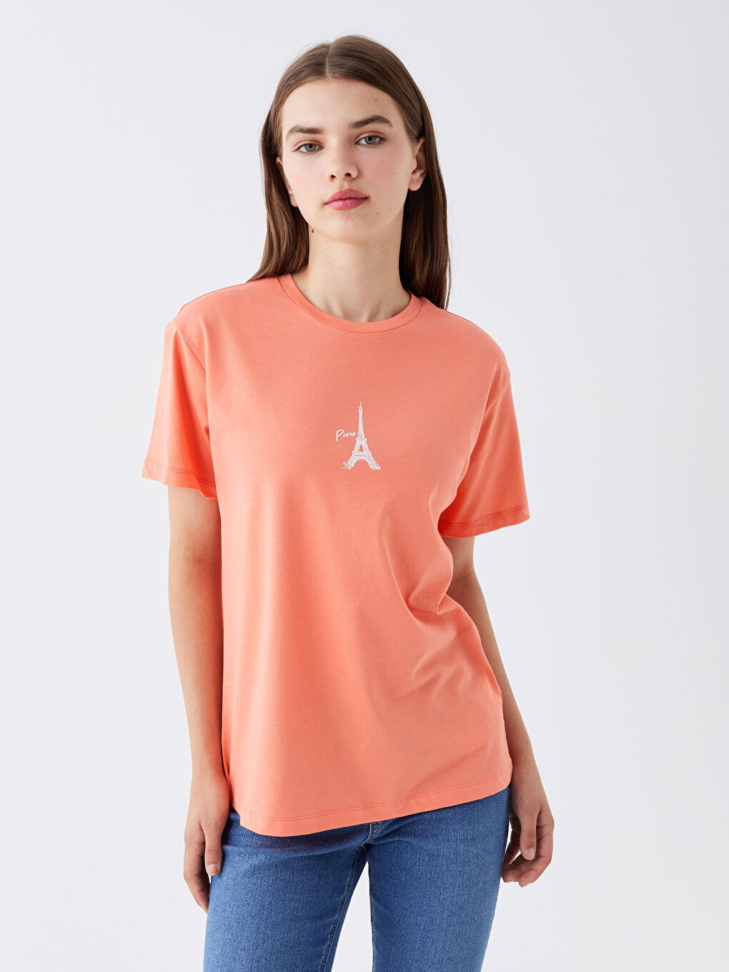 Mercan Bisiklet Yaka Baskılı Kısa Kollu Kadın Tişört-1