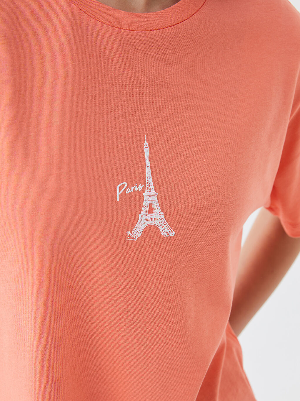 Mercan Bisiklet Yaka Baskılı Kısa Kollu Kadın Tişört-3