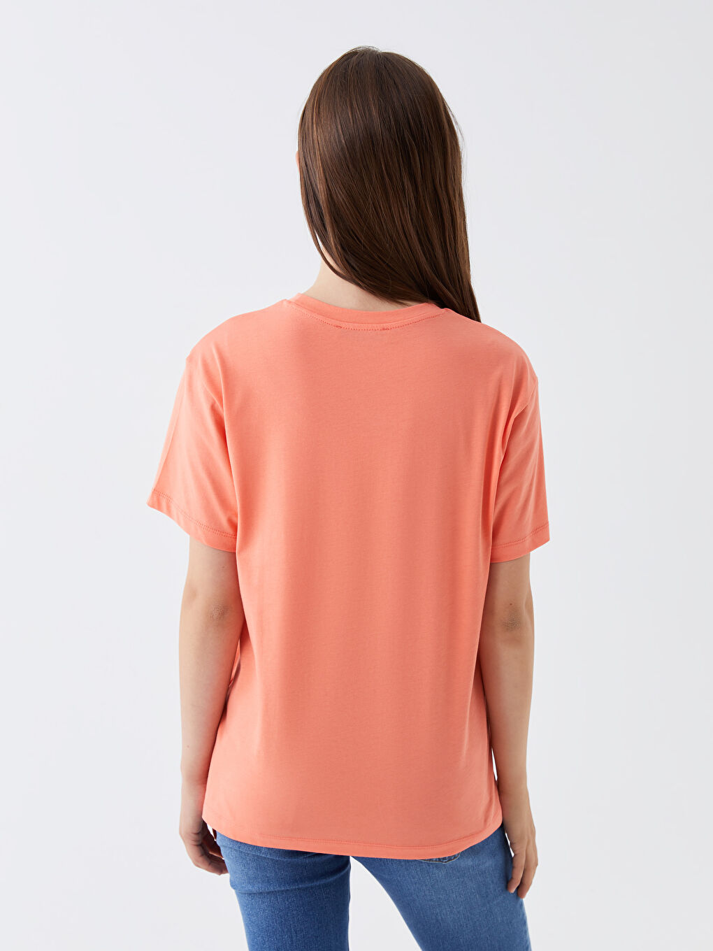 Mercan Bisiklet Yaka Baskılı Kısa Kollu Kadın Tişört-4