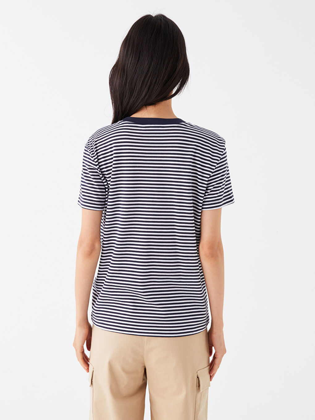 Lacivert Bisiklet Yaka Çizgili Kısa Kollu Kadın Tişört-4