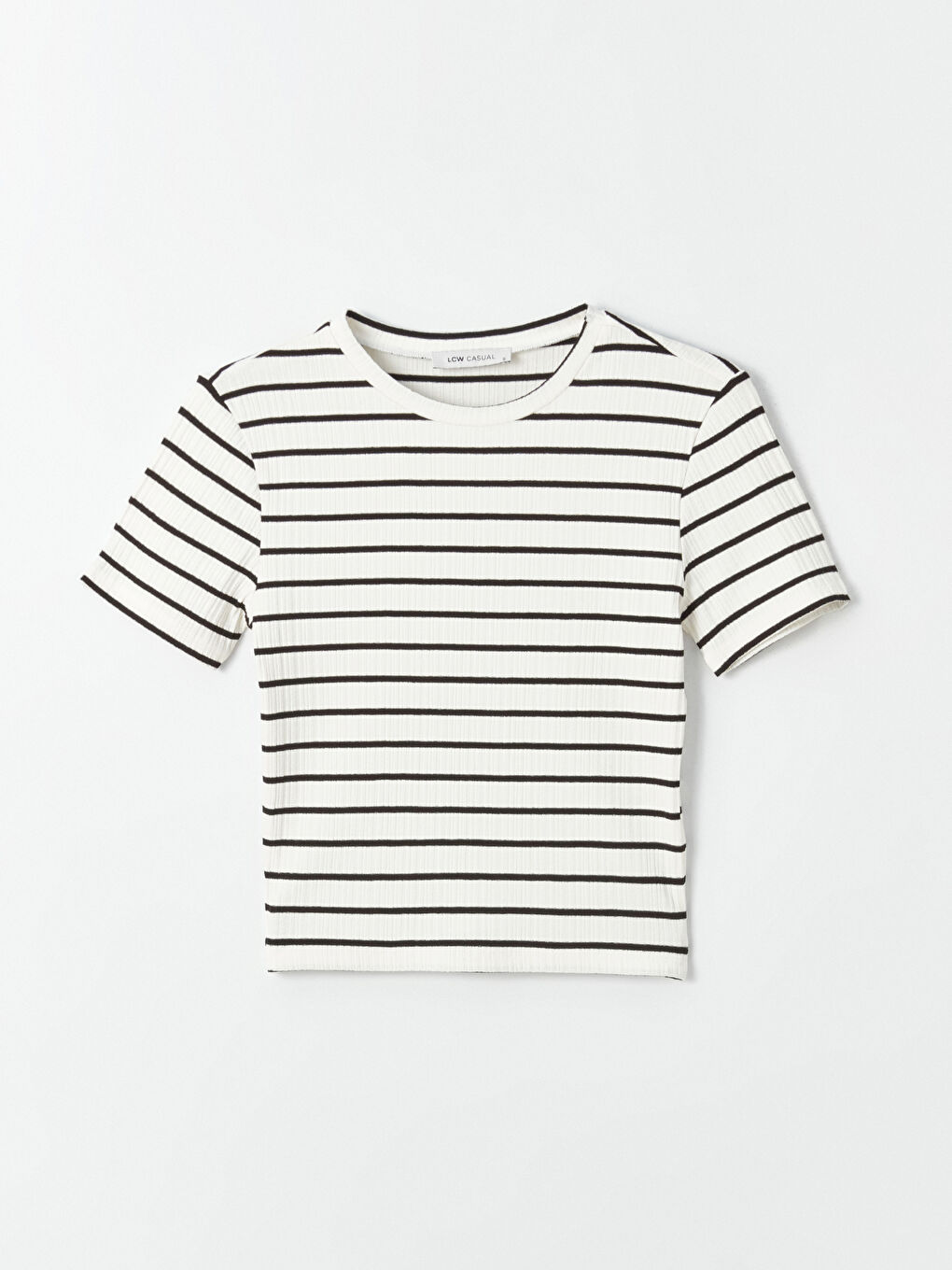 Siyah Bisiklet Yaka Çizgili Kısa Kollu Kadın Tişört-5