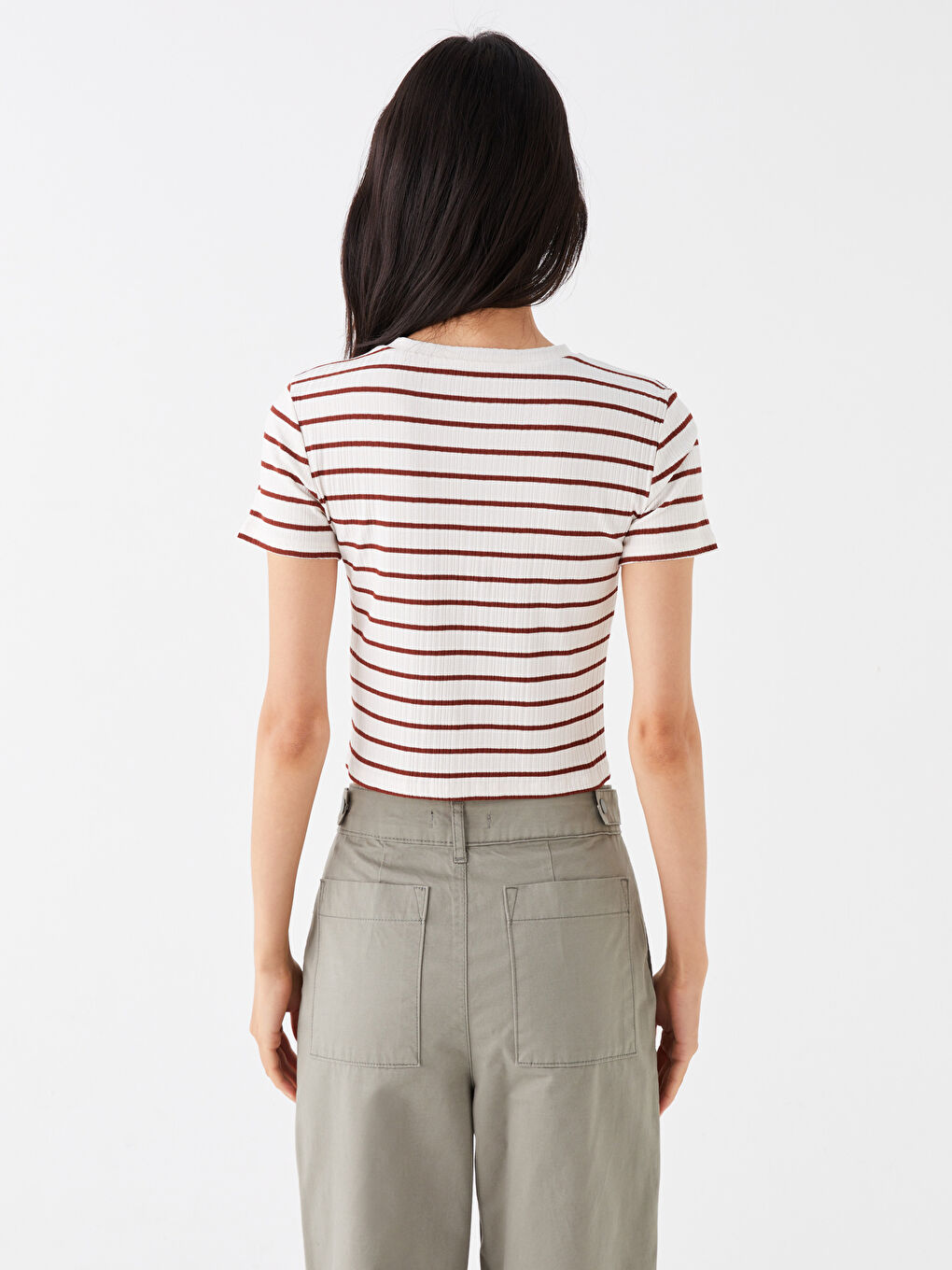 Kahverengi Bisiklet Yaka Çizgili Kısa Kollu Kadın Tişört-4