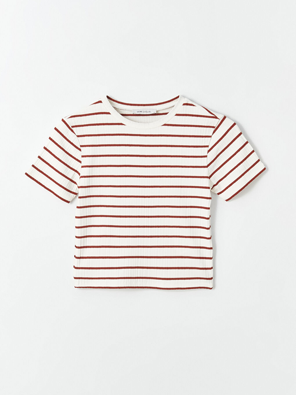 Kahverengi Bisiklet Yaka Çizgili Kısa Kollu Kadın Tişört-5