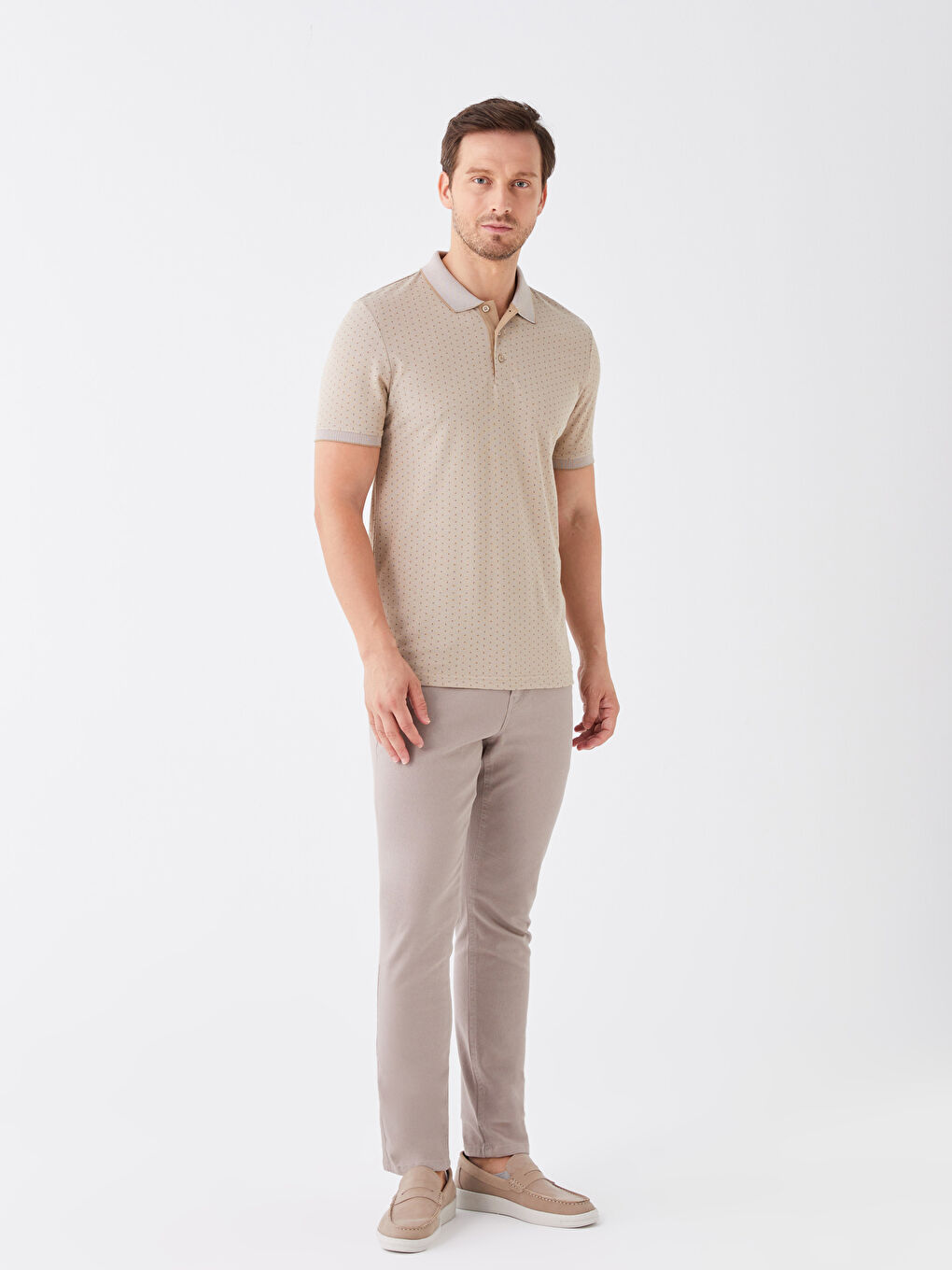 Bej Polo Yaka Kısa Kollu Desenli Erkek Tişört-2