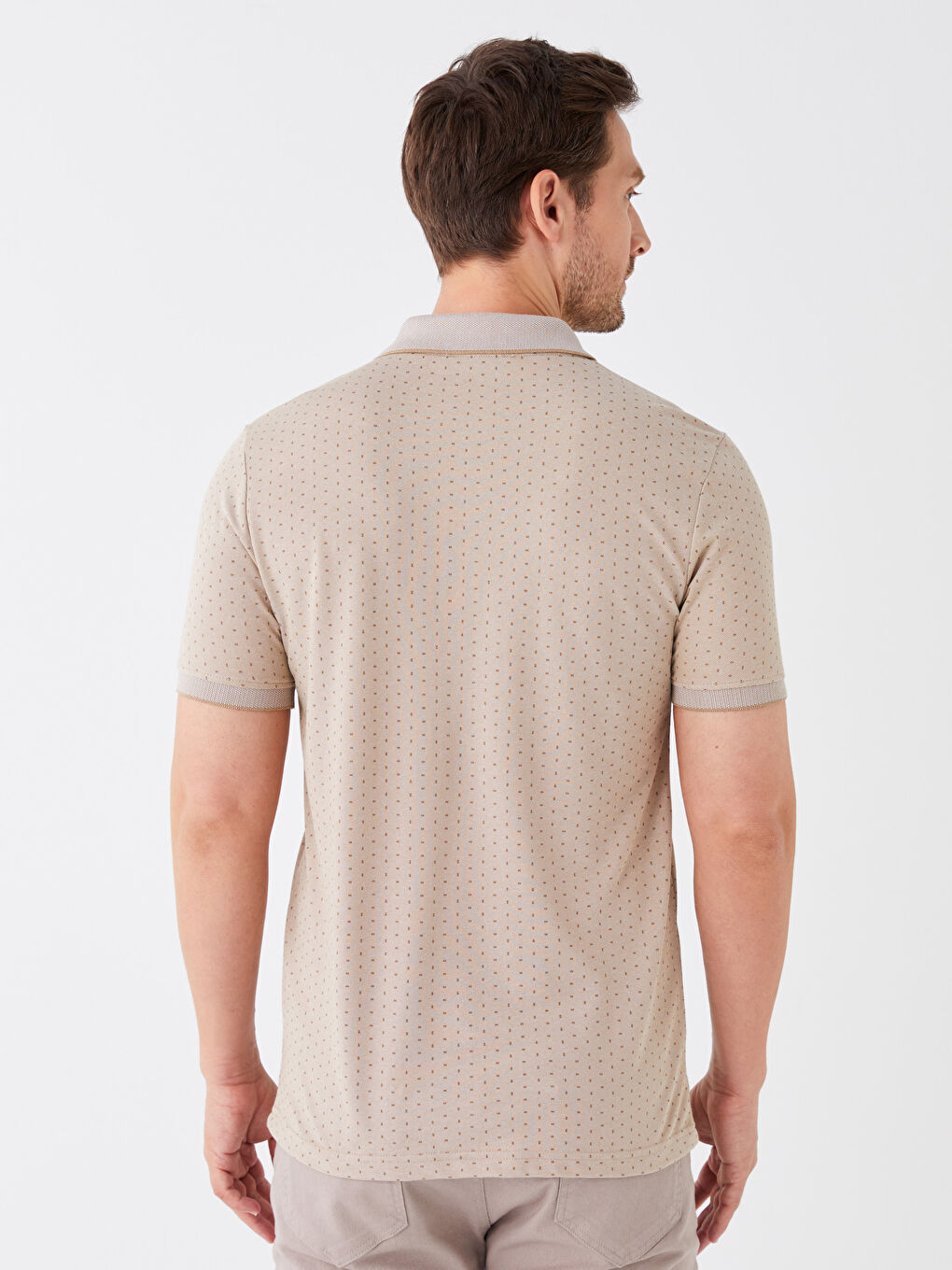 Bej Polo Yaka Kısa Kollu Desenli Erkek Tişört-4