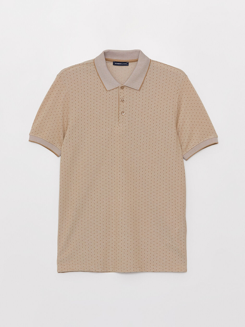 Bej Polo Yaka Kısa Kollu Desenli Erkek Tişört-5