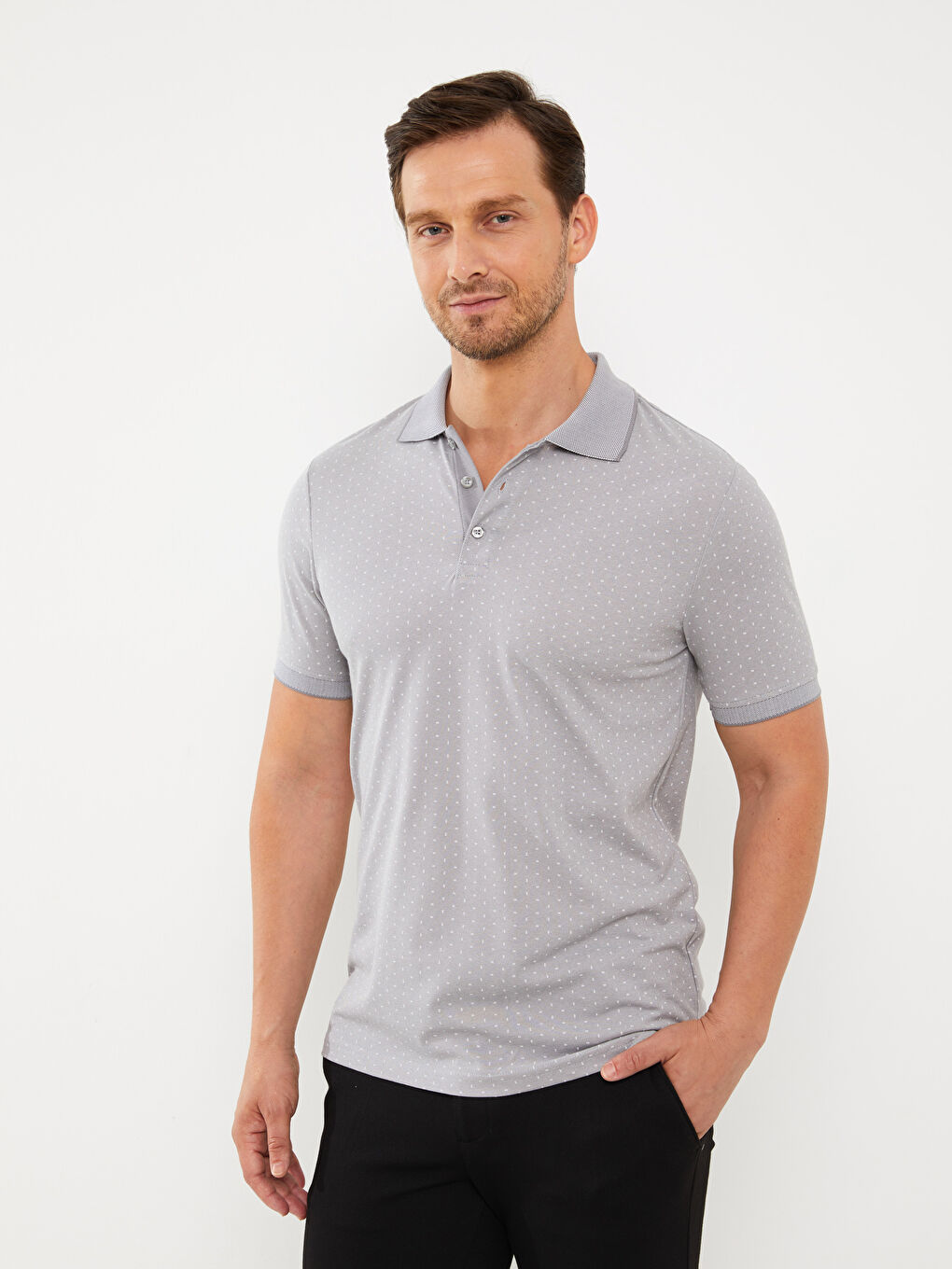 Gri Polo Yaka Kısa Kollu Desenli Erkek Tişört