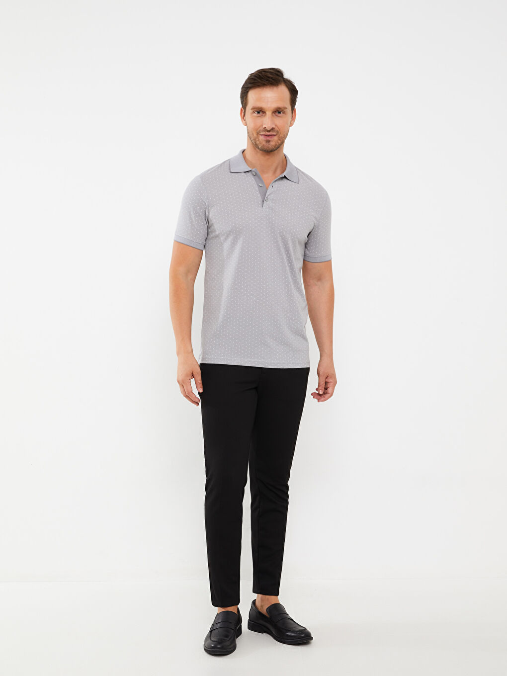 Gri Polo Yaka Kısa Kollu Desenli Erkek Tişört-2