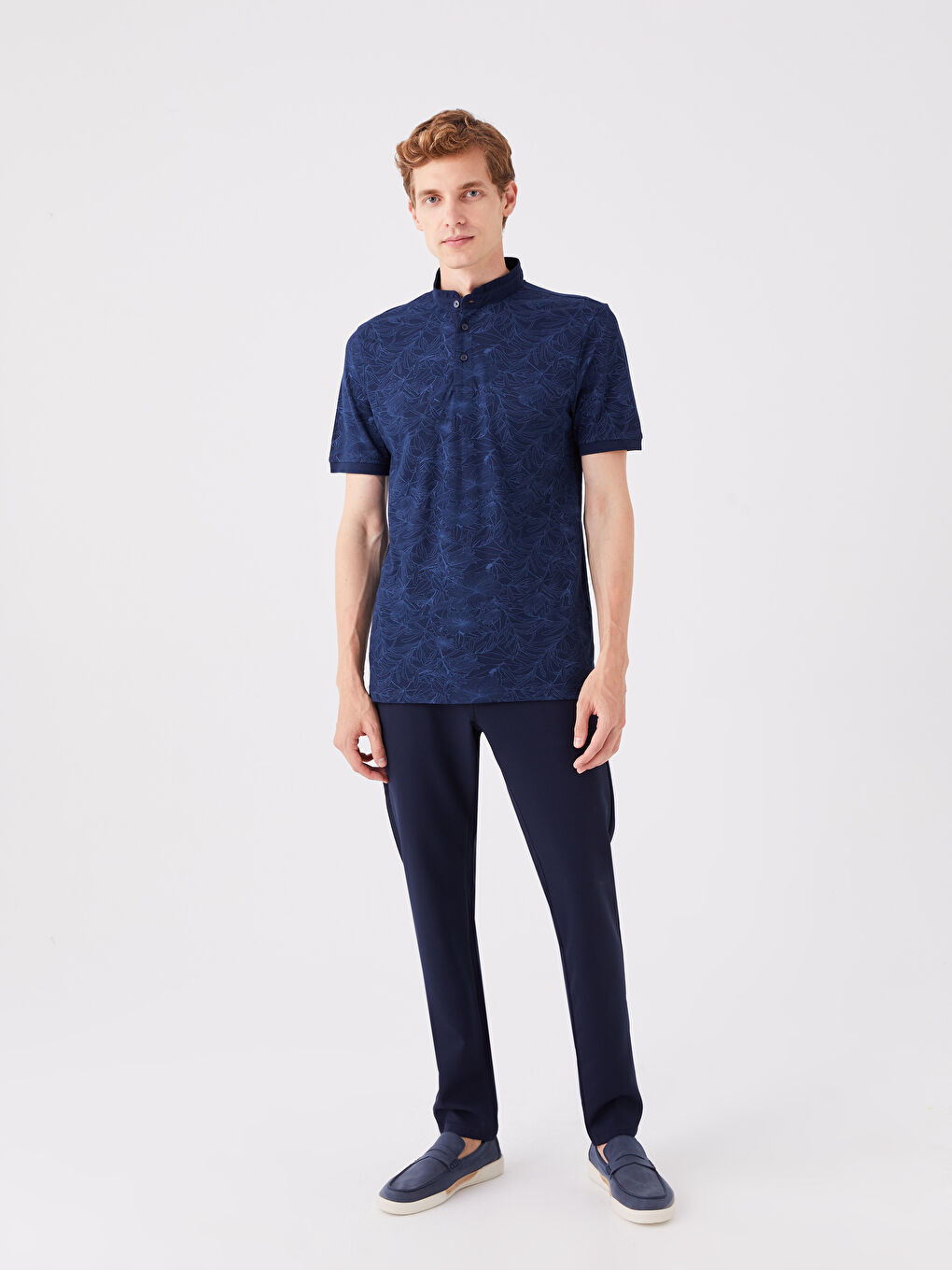 Lacivert Hakim Yaka Kısa Kollu Desenli Erkek Tişört-2