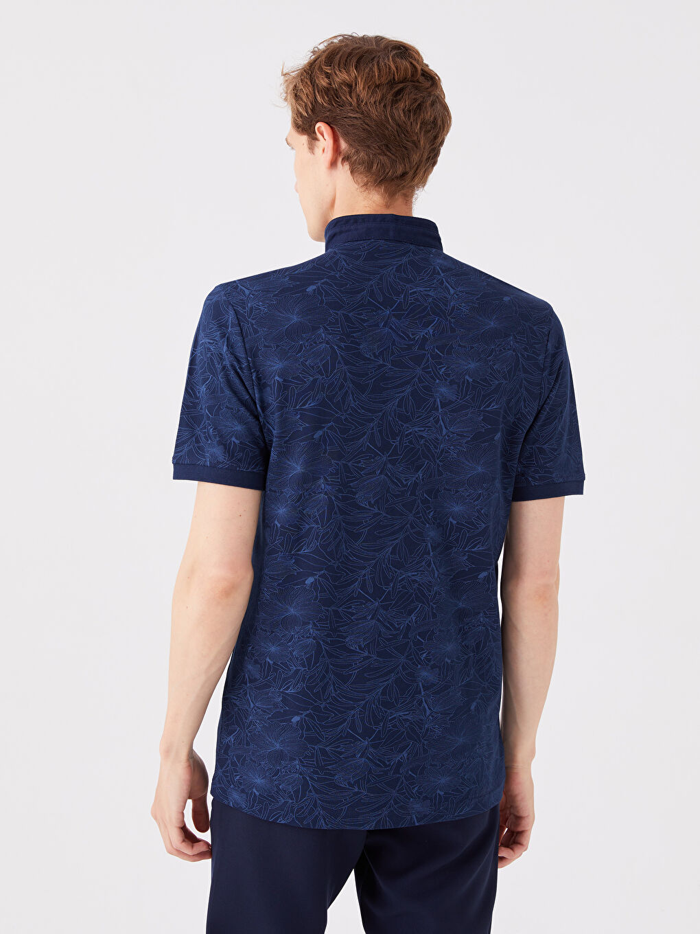 Lacivert Hakim Yaka Kısa Kollu Desenli Erkek Tişört-4