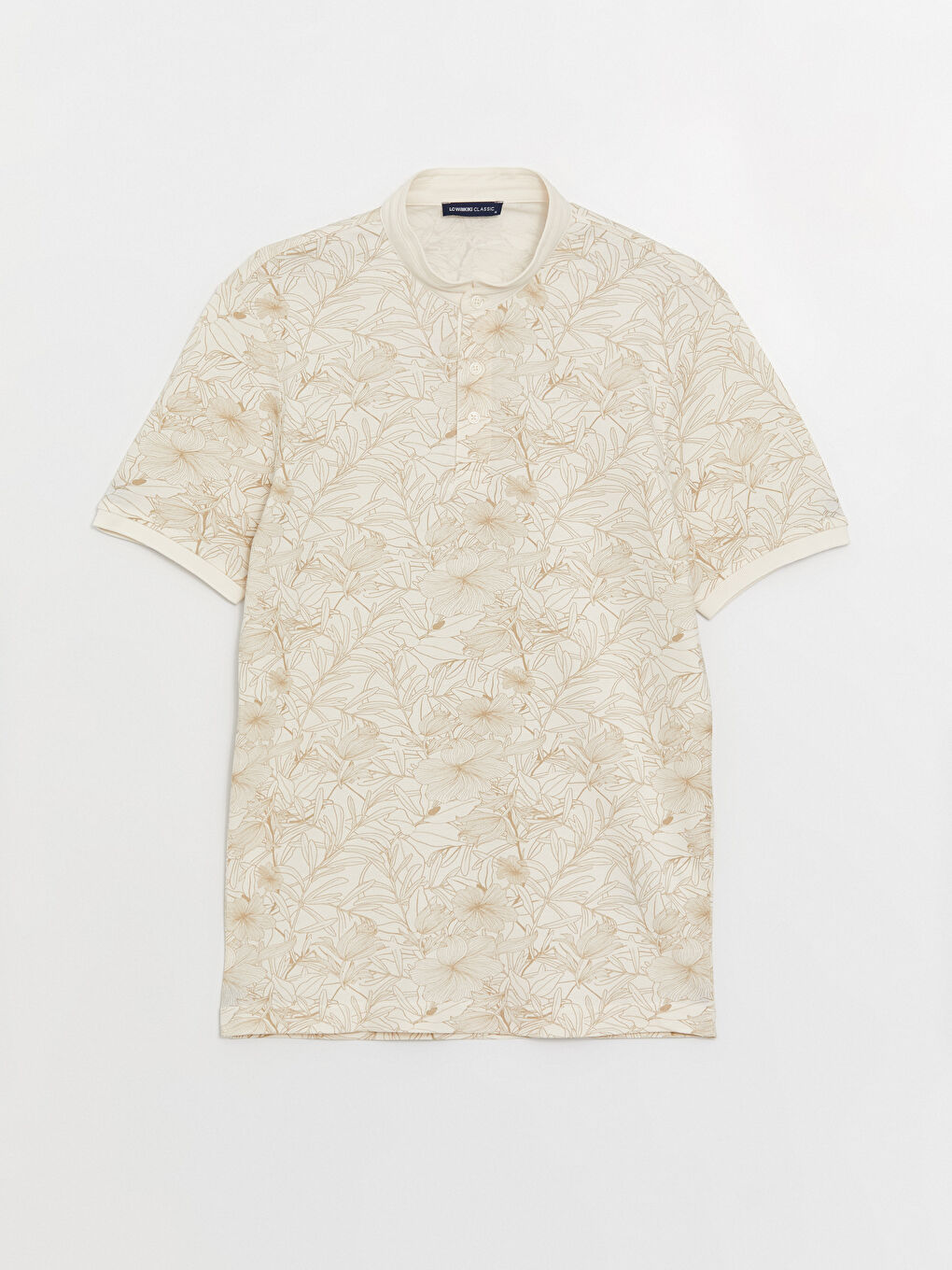 Ekru Hakim Yaka Kısa Kollu Desenli Erkek Tişört-5