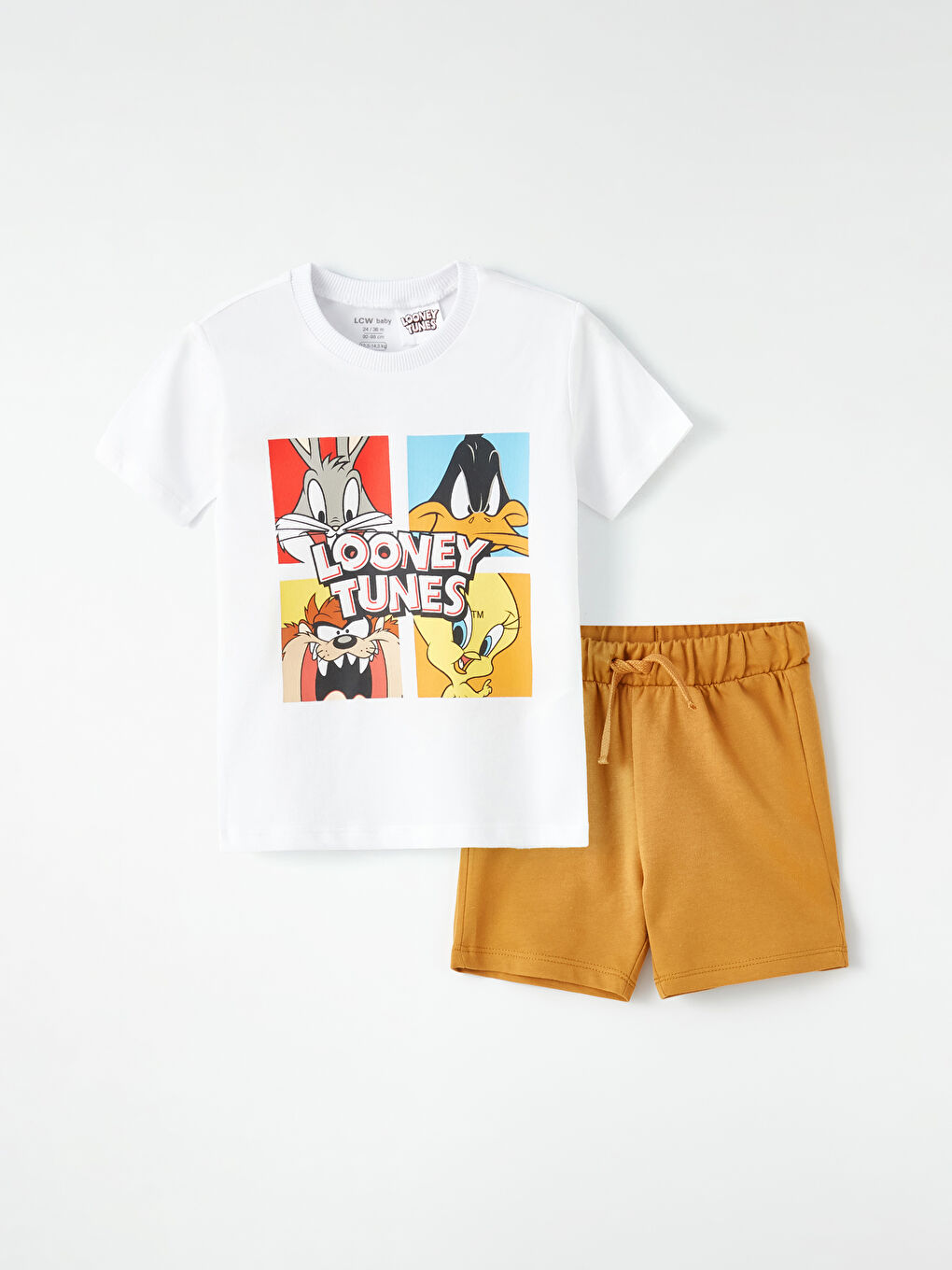 Beyaz Bisiklet Yaka Kısa Kollu Looney Tunes Baskılı Erkek Bebek Tişört ve Şort 2'li Takım