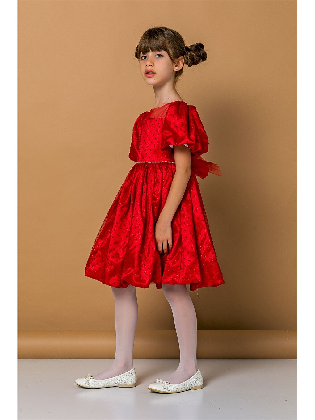 Kırmızı Bisiklet Yaka Desenli Kısa Kollu Kız Çocuk Elbise
