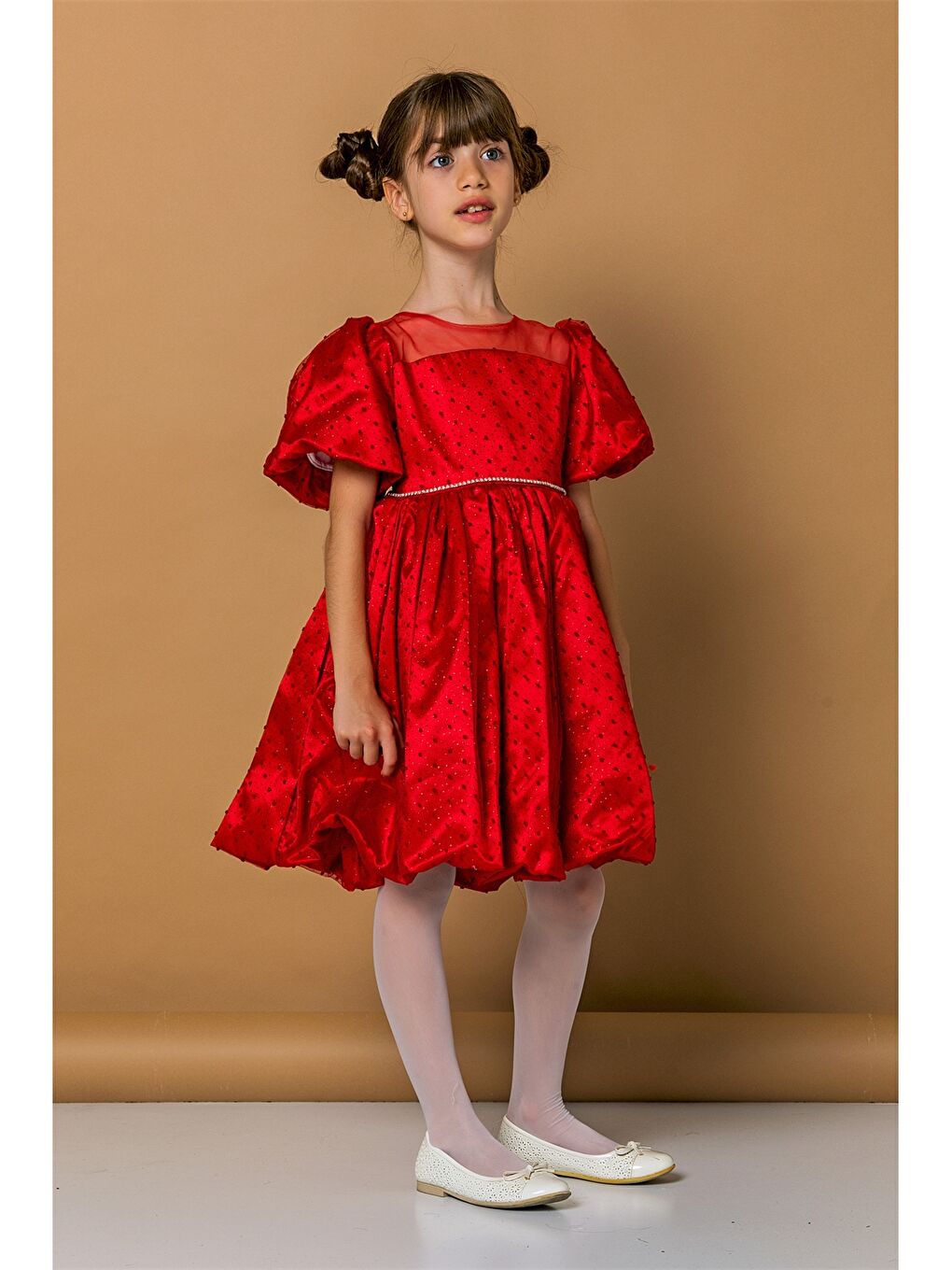 Kırmızı Bisiklet Yaka Desenli Kısa Kollu Kız Çocuk Elbise-1