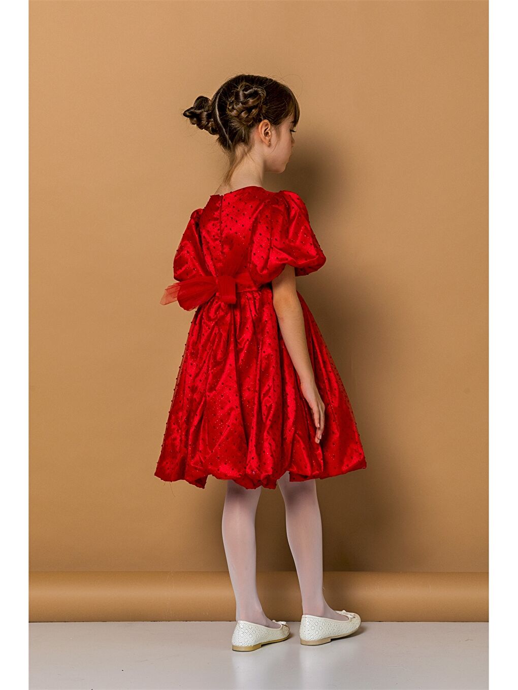 Kırmızı Bisiklet Yaka Desenli Kısa Kollu Kız Çocuk Elbise-2