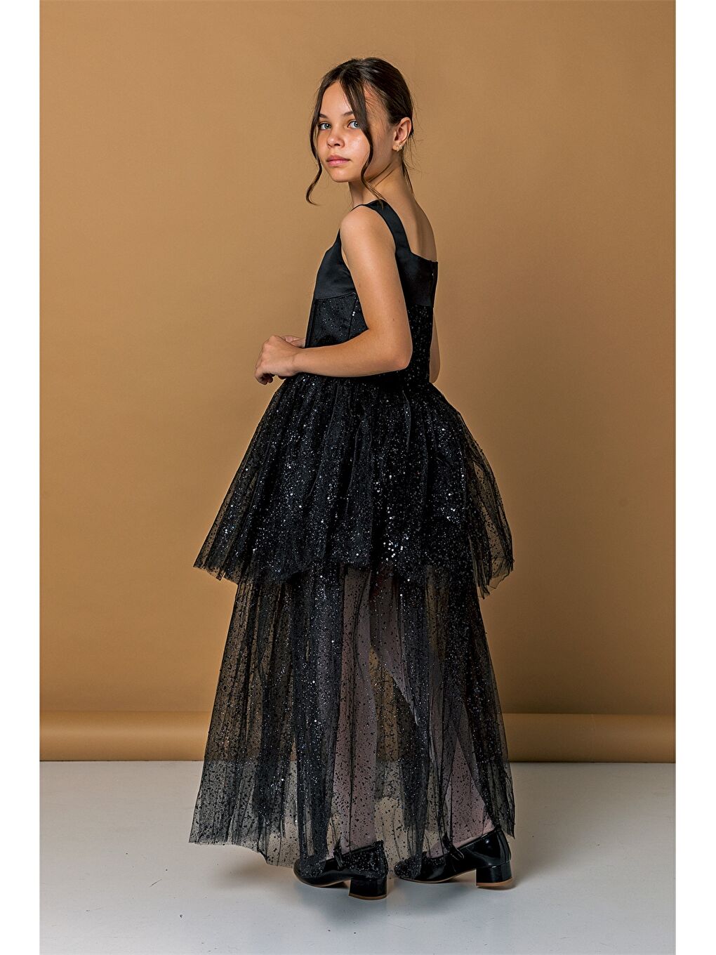 Siyah Askılı Kare Yaka Tül Detaylı Kız Çocuk Elbise-2