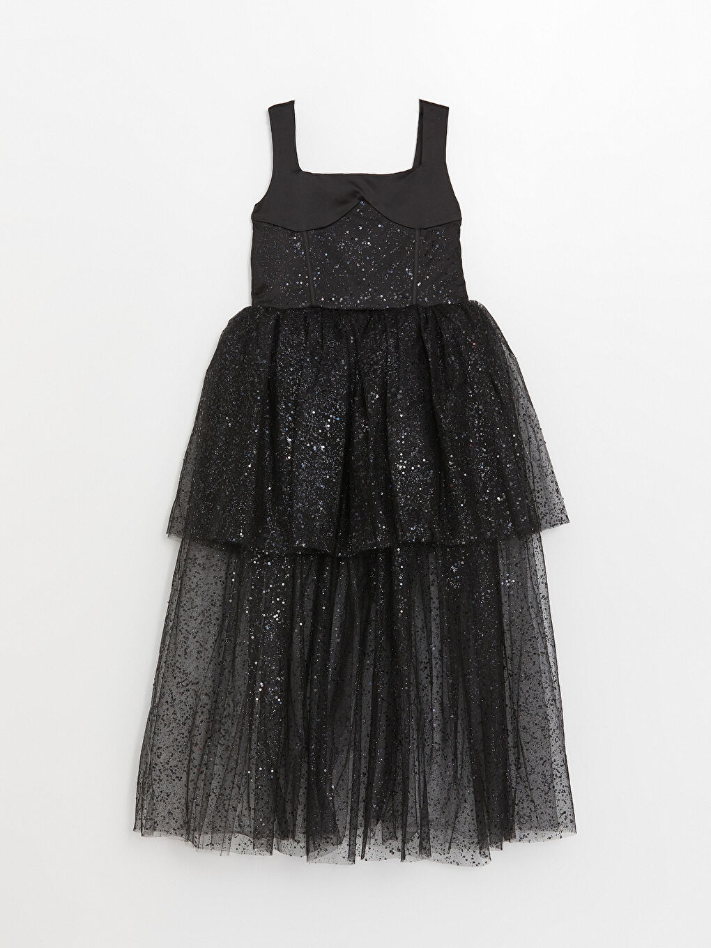 Siyah Askılı Kare Yaka Tül Detaylı Kız Çocuk Elbise-3