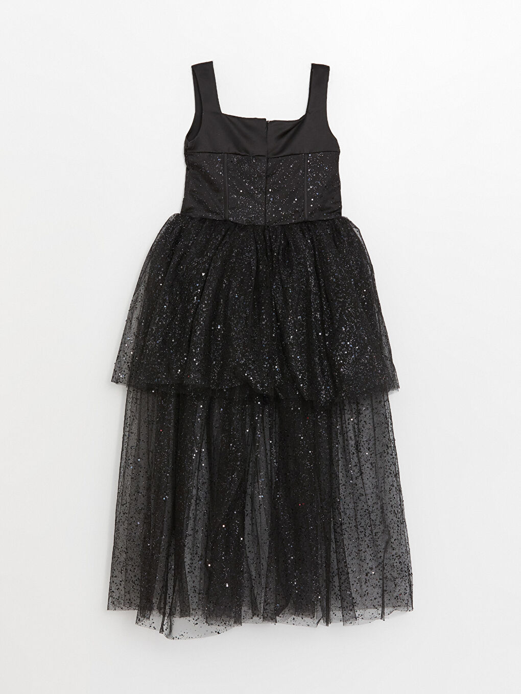 Siyah Askılı Kare Yaka Tül Detaylı Kız Çocuk Elbise-4