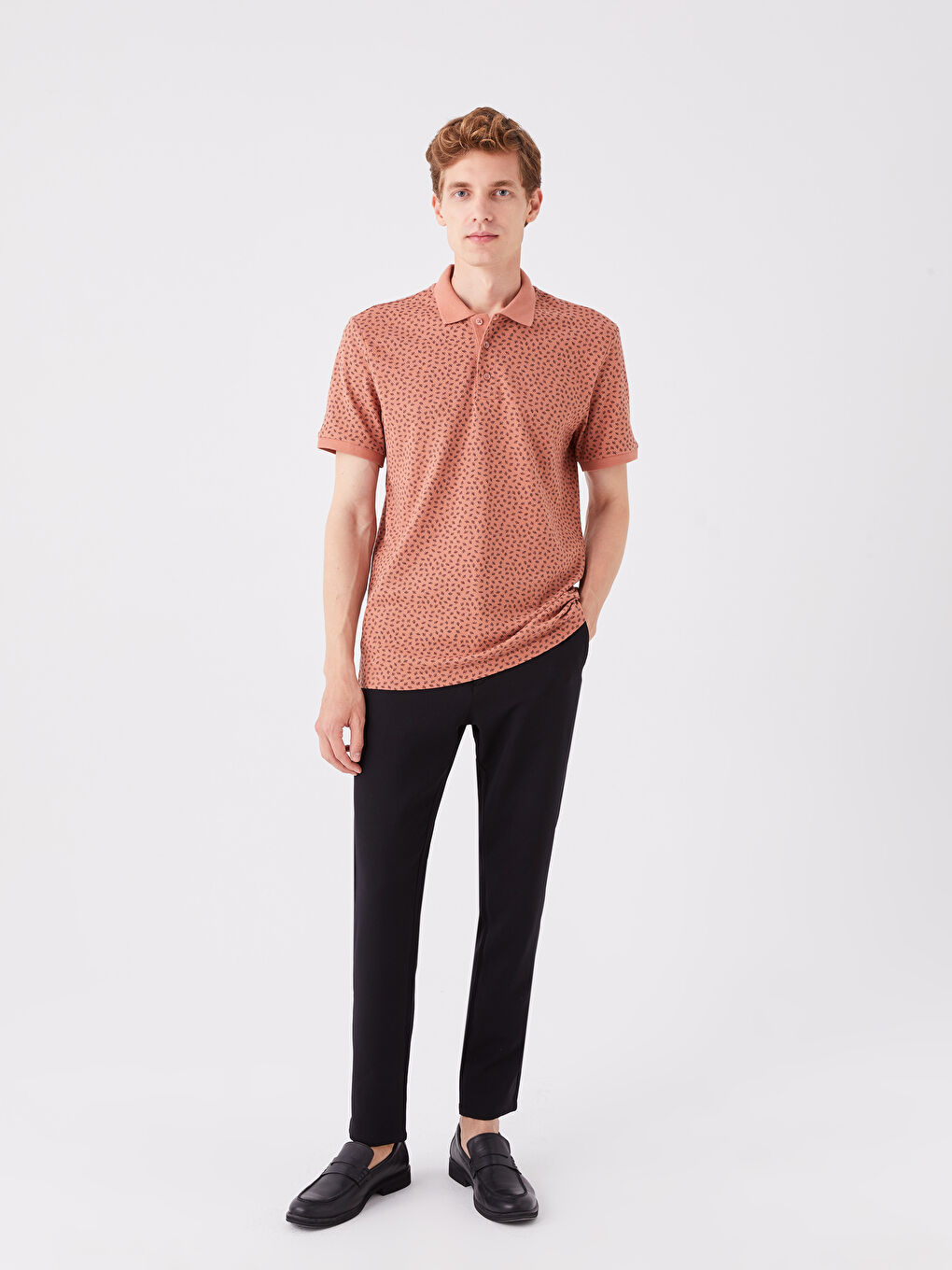 Pembe Polo Yaka Kısa Kollu Desenli Erkek Tişört-2