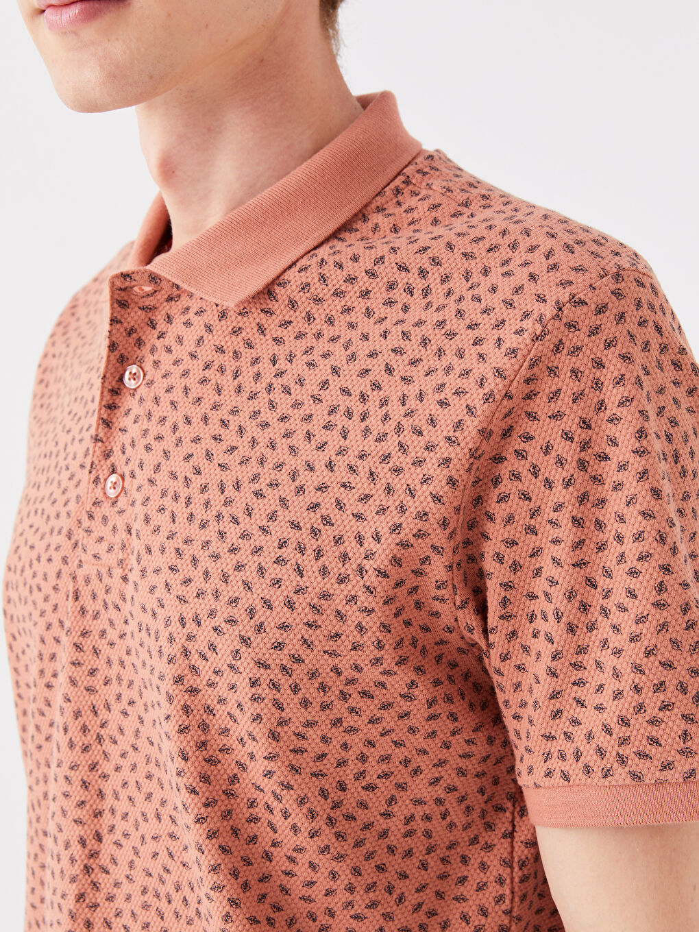 Pembe Polo Yaka Kısa Kollu Desenli Erkek Tişört-3