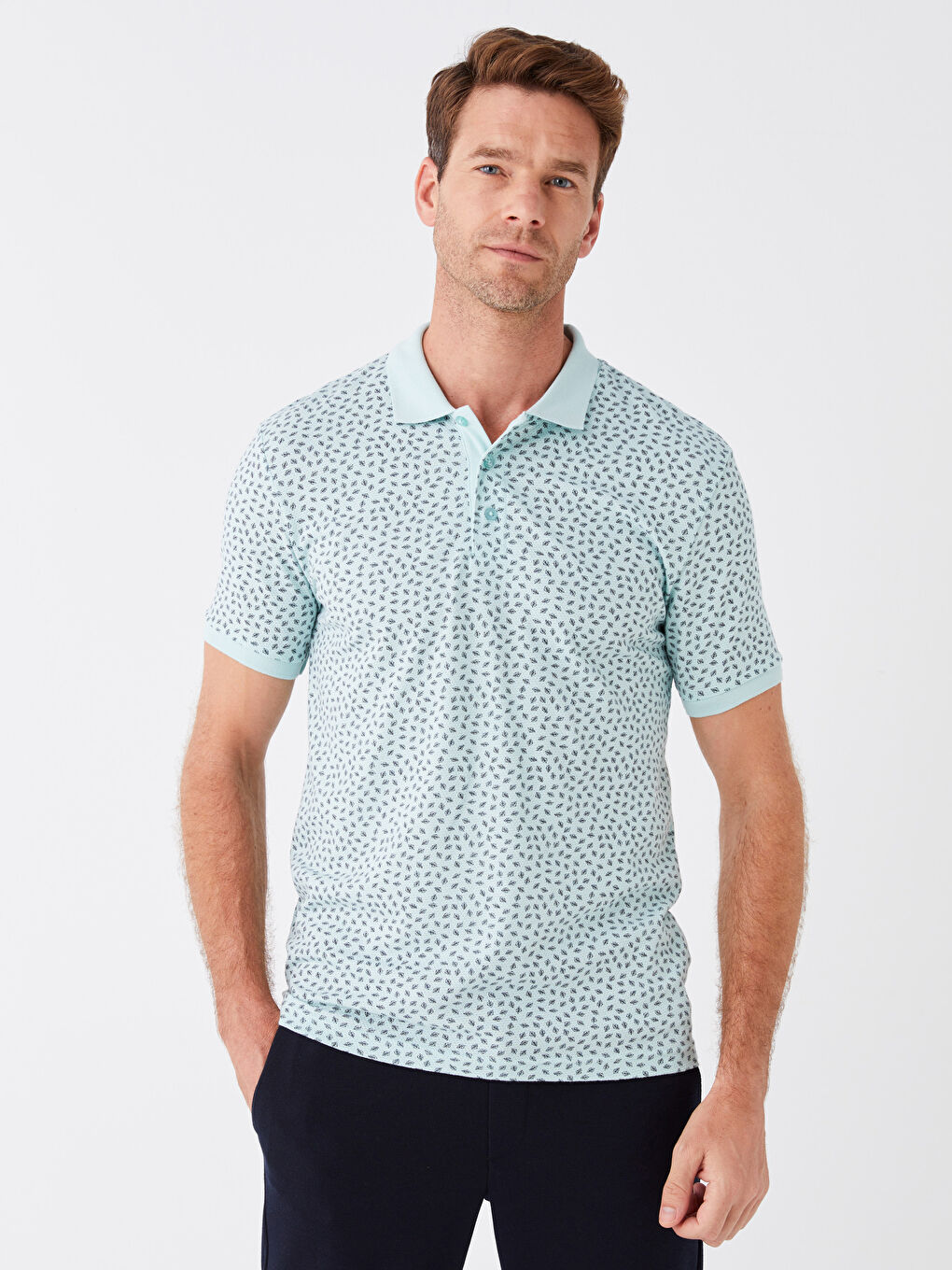 Turkuaz Polo Yaka Kısa Kollu Desenli Erkek Tişört