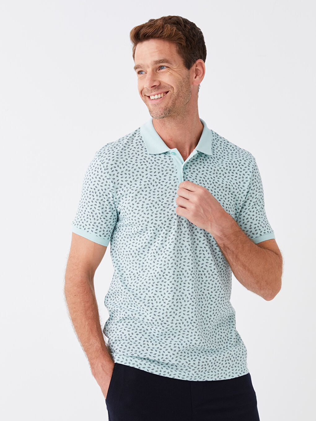 Turkuaz Polo Yaka Kısa Kollu Desenli Erkek Tişört-1