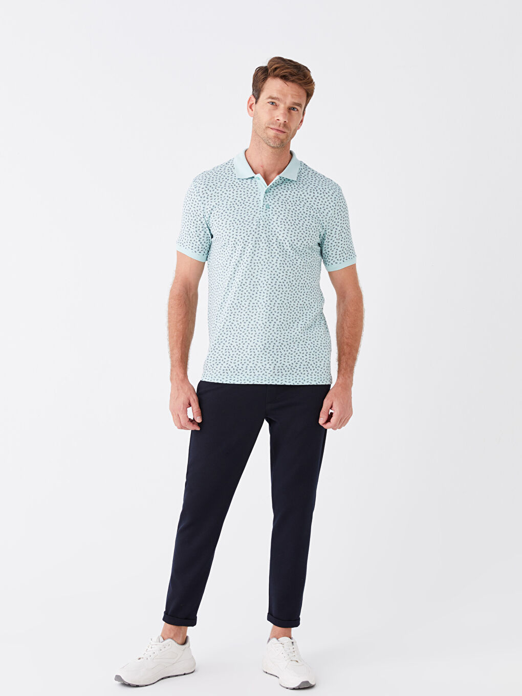 Turkuaz Polo Yaka Kısa Kollu Desenli Erkek Tişört-2