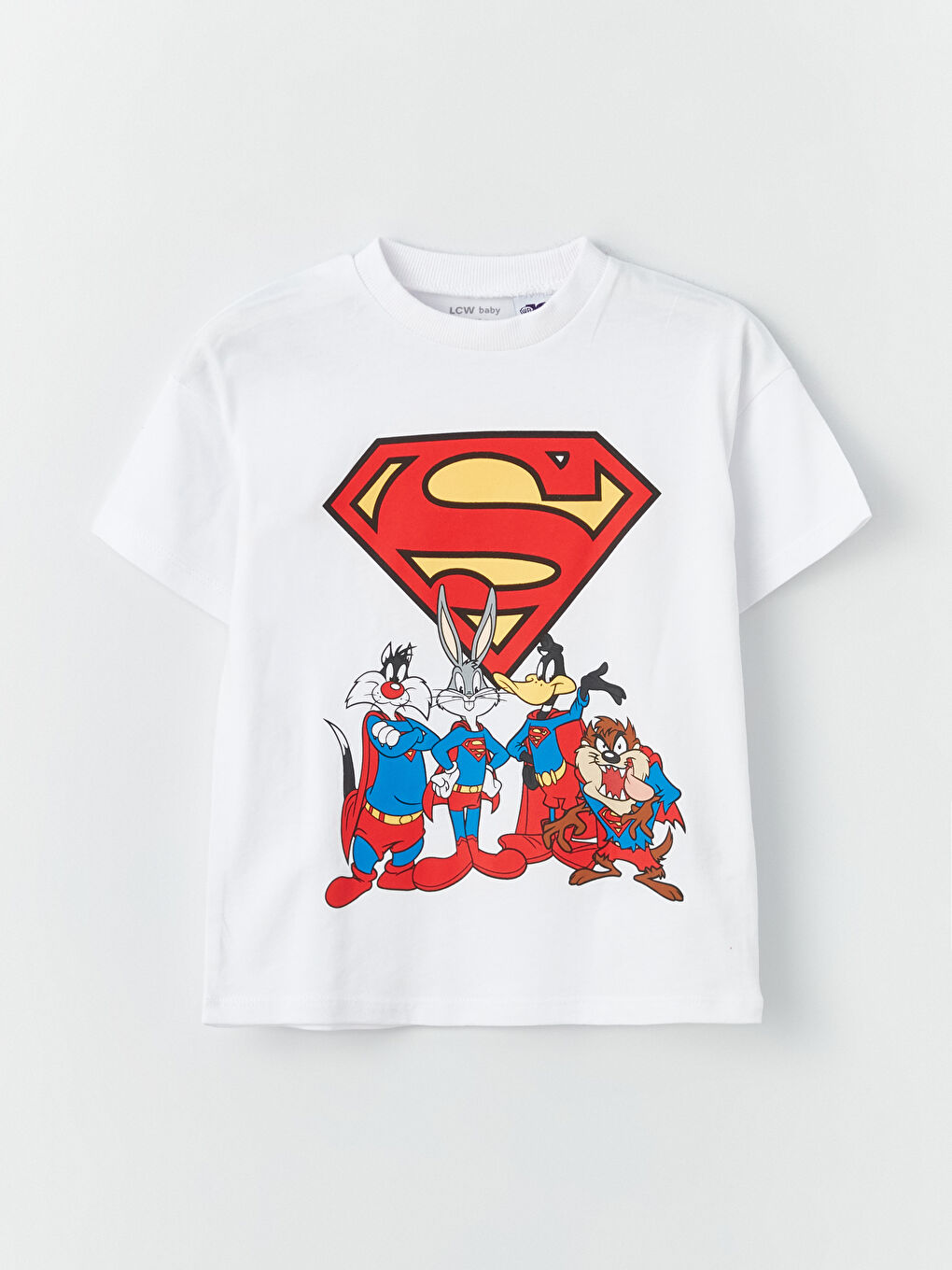 Beyaz Bisiklet Yaka Kısa Kollu Looney Tunes Baskılı Erkek Bebek Tişört