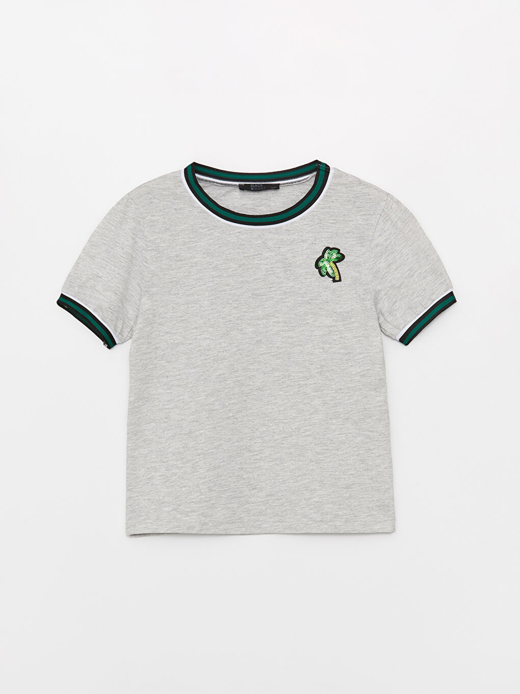 Yeşil Bisiklet Yaka Pul İşlemeli Kısa Kollu Kız Çocuk Tişört