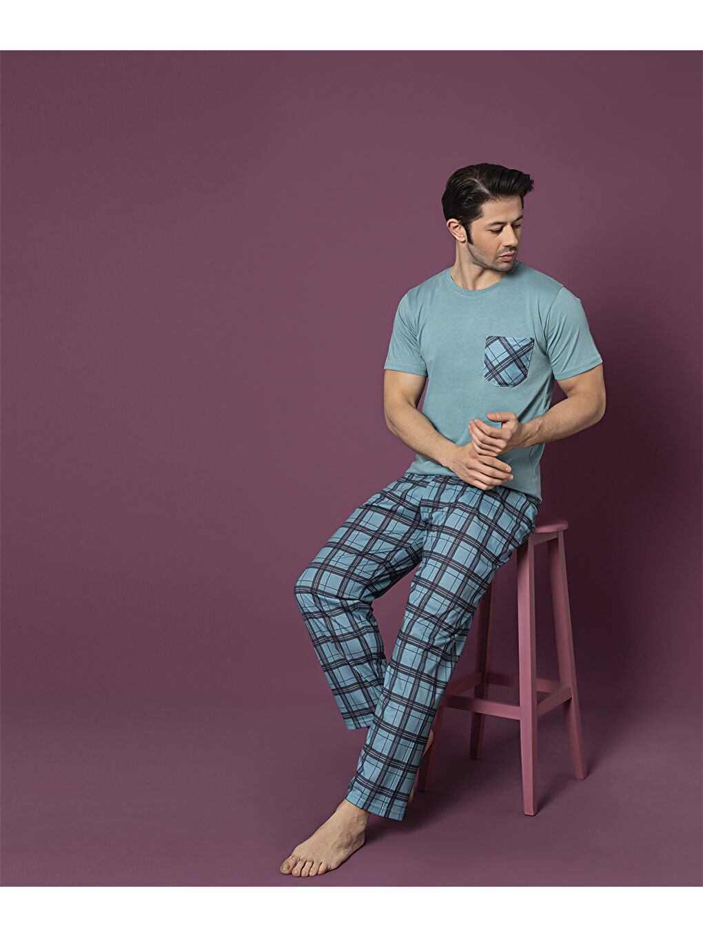 Mavi Standart Kalıp Erkek Pijama Takımı-2