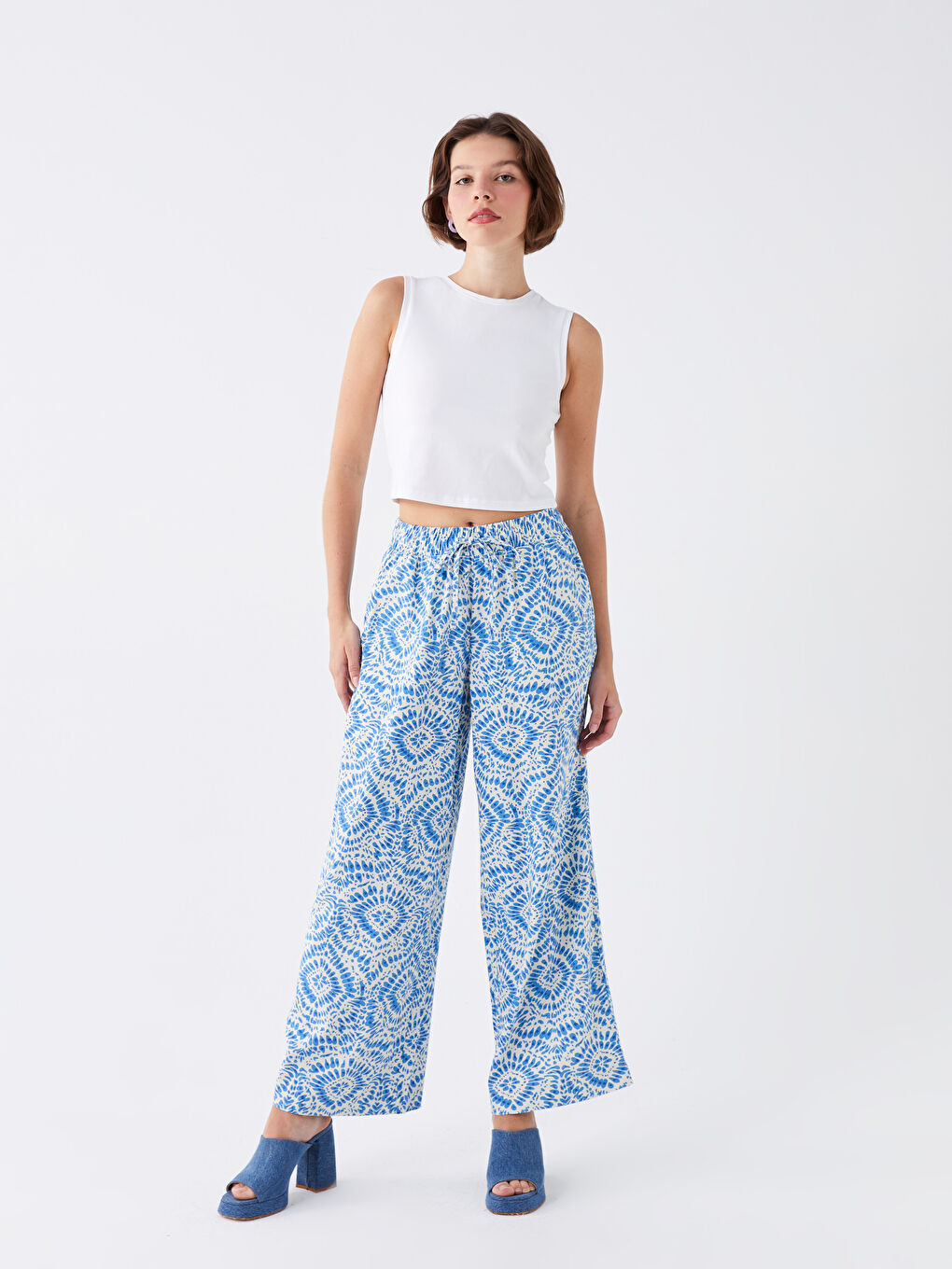 بنطلون نسائي بخصر مرن واسع منقوش للسيدات