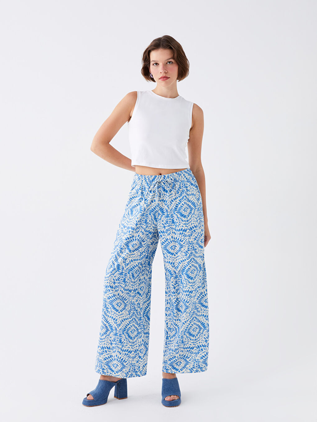 بنطلون نسائي بخصر مرن واسع منقوش للسيدات-1