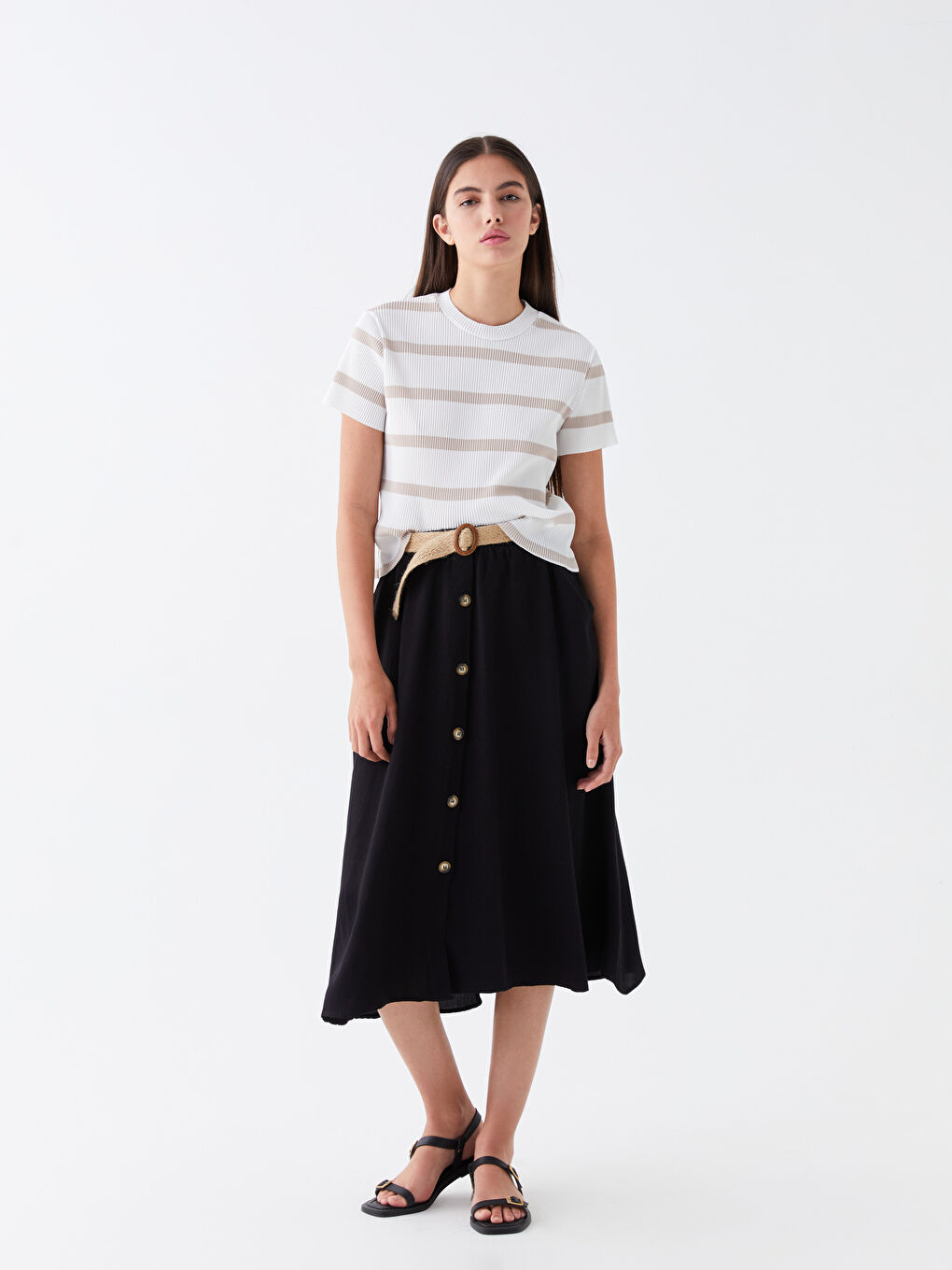 Bej Bisiklet Yaka Çizgili Kadın Tişört-2