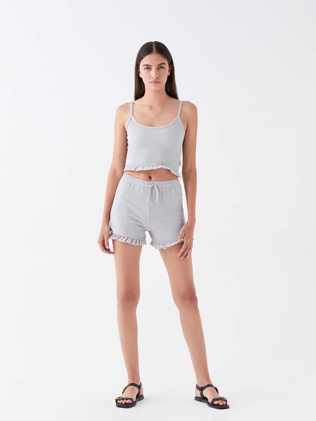 Gri Askılı Kadın Şort Takım